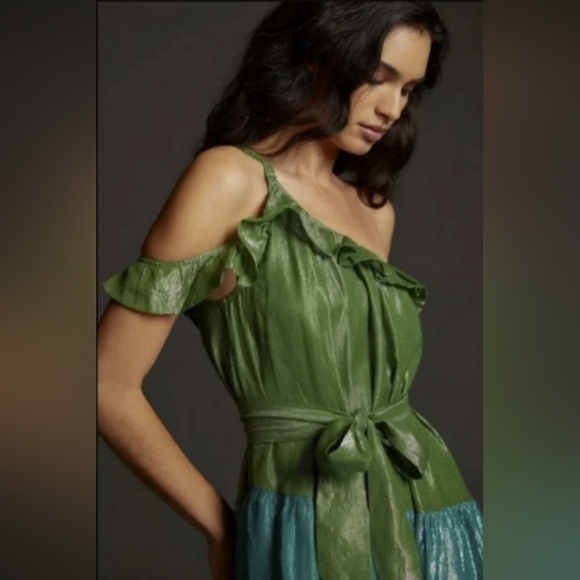 NWT Anthropologie Maeve Ruffled One Shoulder Shimmery Dress - Picture 2 of 9